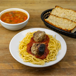 Spaghetti & Meatballs, Soup or Salad. Served with garlic bread