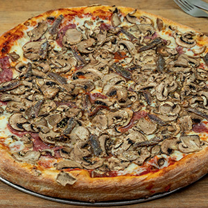 Salami, Mushrooms and Anchovies Pizza 