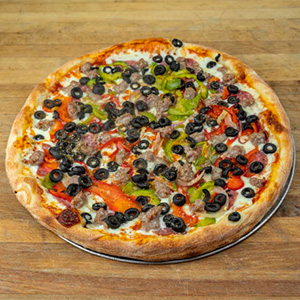 Salami, Sausage, Bell Peppers/Onions and Olives Pizza
