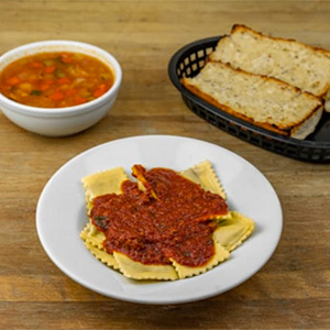 Ravioli & Meatballs, Soup or Salad. Served with garlic bread